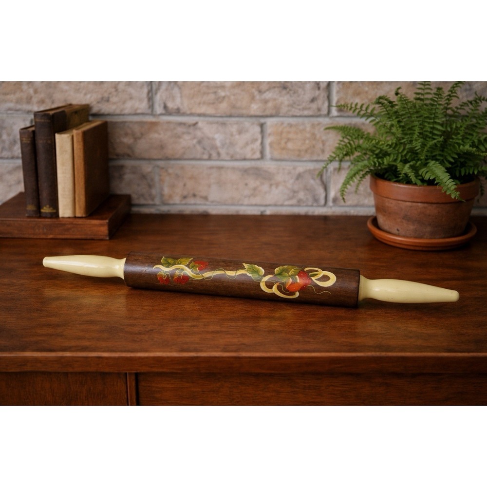 Primitive Hand Painted Wooden Rolling Pin Wall Hanging – Folk Art Strawberries - Picture 3 of 10